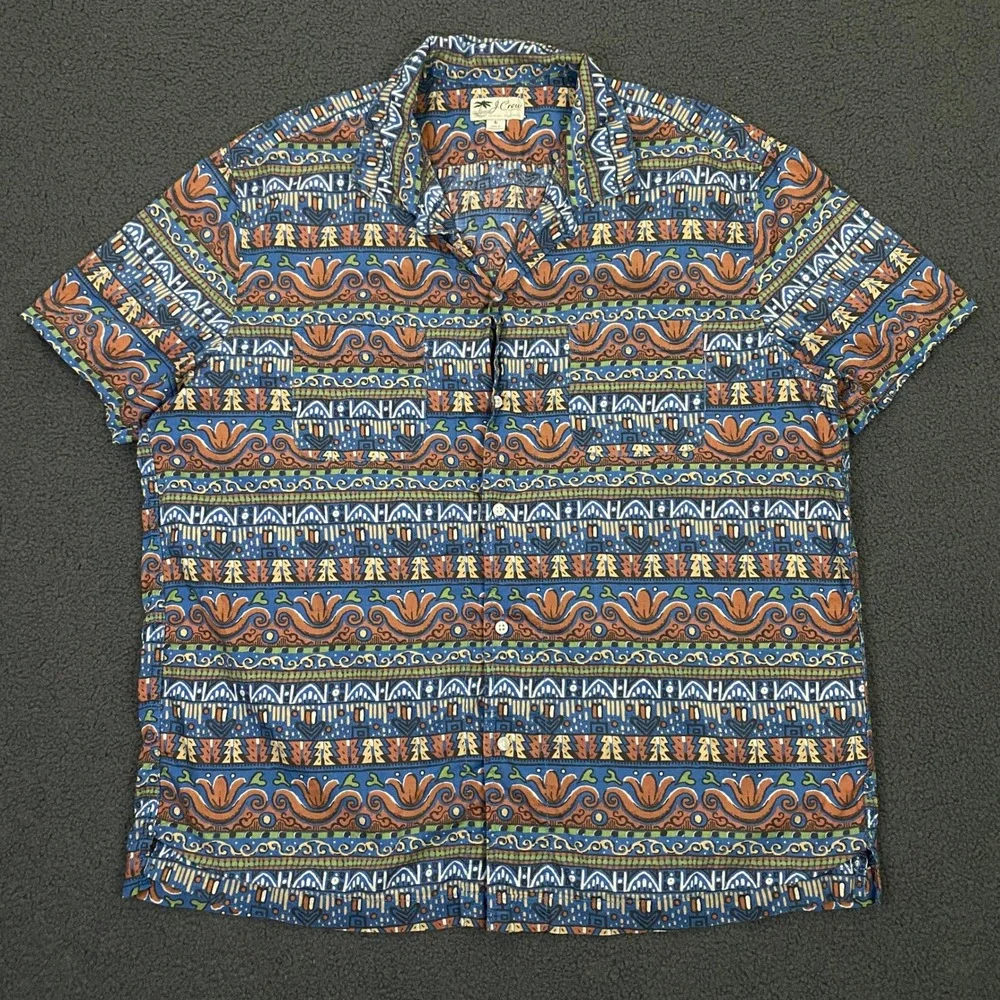J. Crew Shirt Mens Large Blue Hawaiian Tribal Batik Print Camp Loop Collar